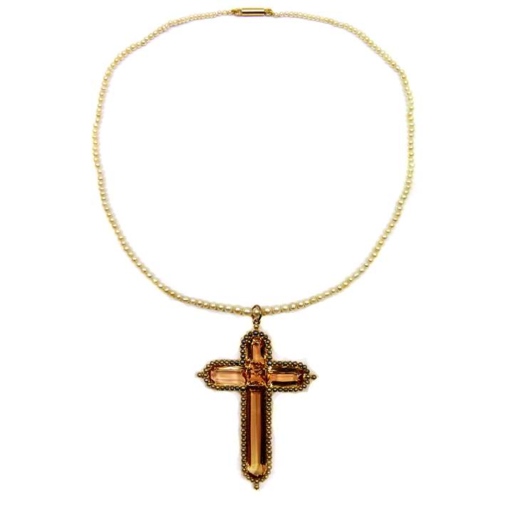 19th century topaz and seed pearl cross pendant, on a pearl necklace